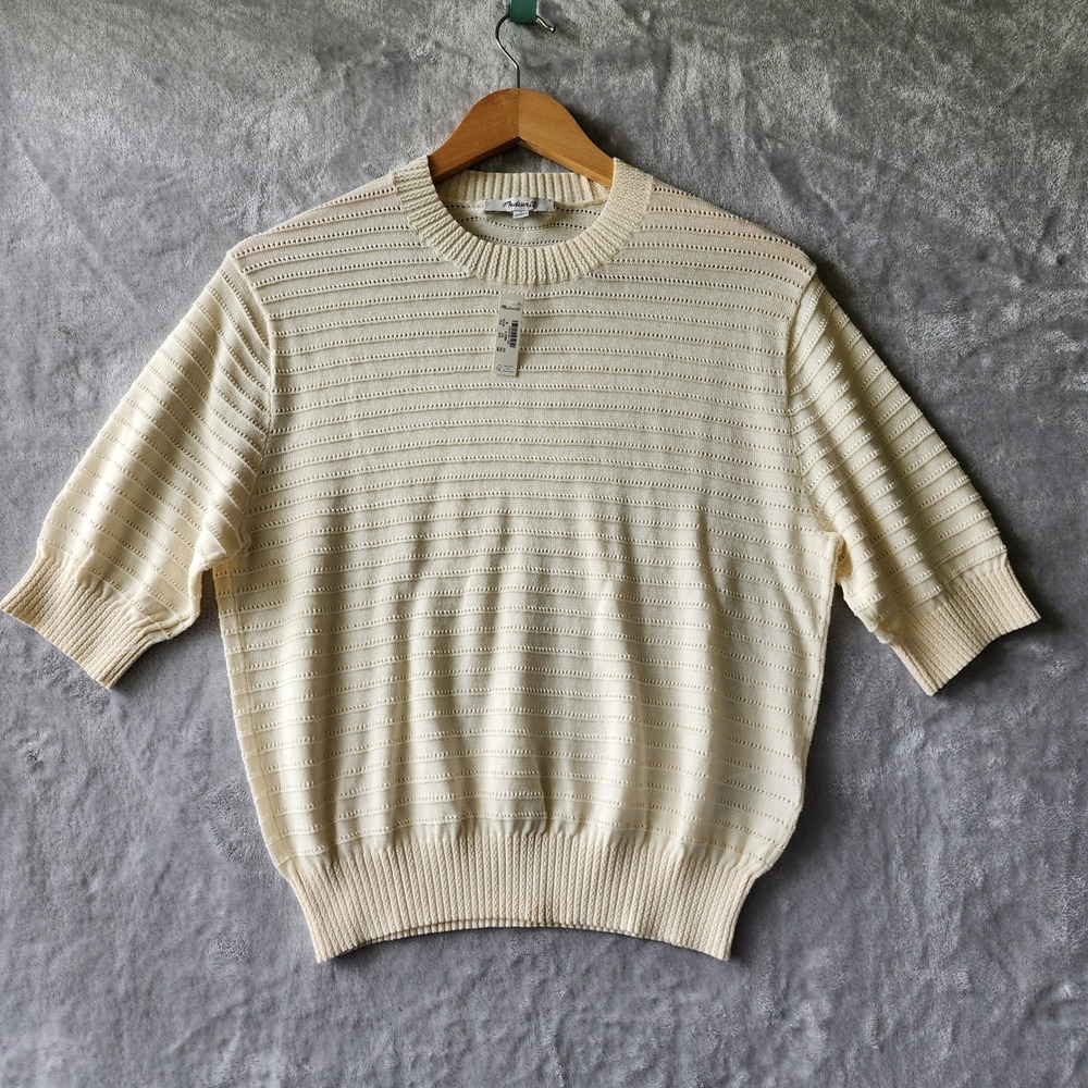 Madewell Womens Short Sleeve Size Medium Textural Stitch Crewneck Sweater Cream - Picture 2 of 10